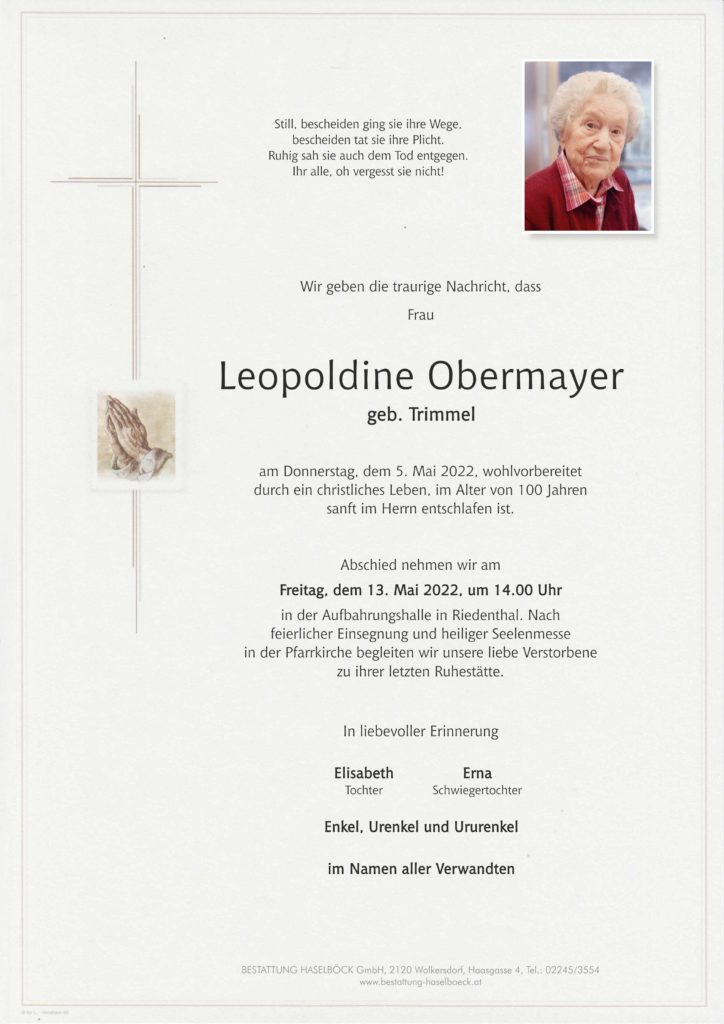 Obermayer_Leopoldine_Riedenthal_Parte_Bestattung_Haselböck