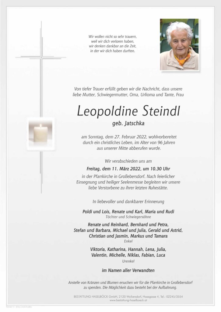 Steindl_Leopoldine_Großebersdorf_Parte_Bestattung_Haselböck
