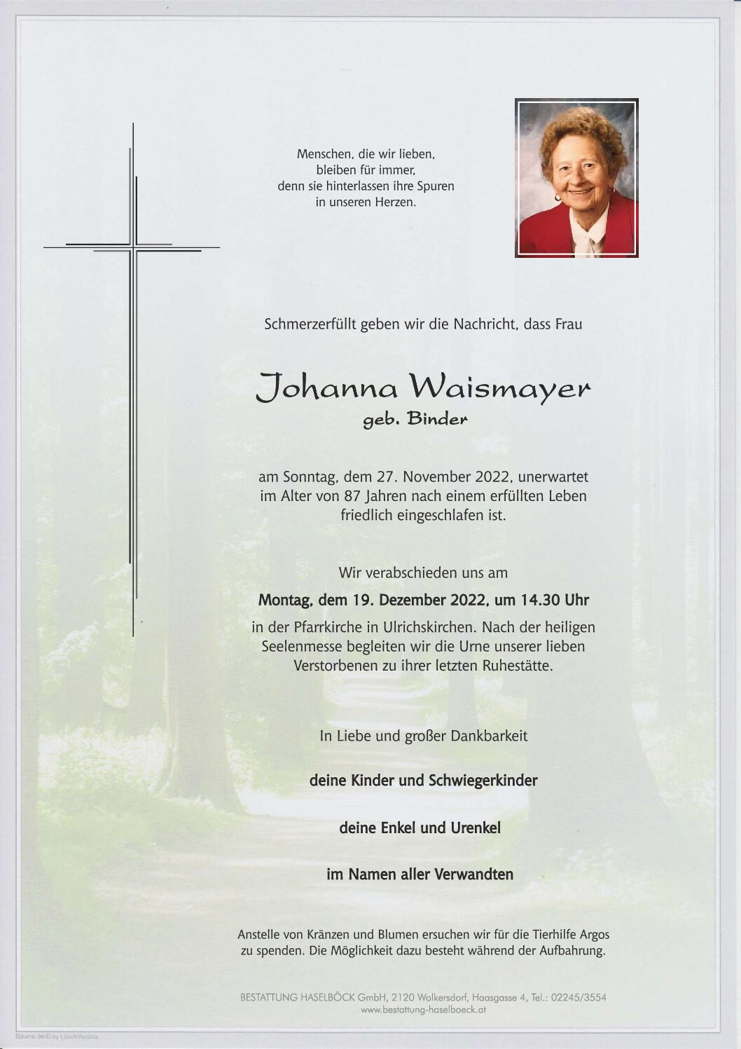 Waismayer_Johanna_Ulrichskirchen_Parte_Bestattung_Haselböck_