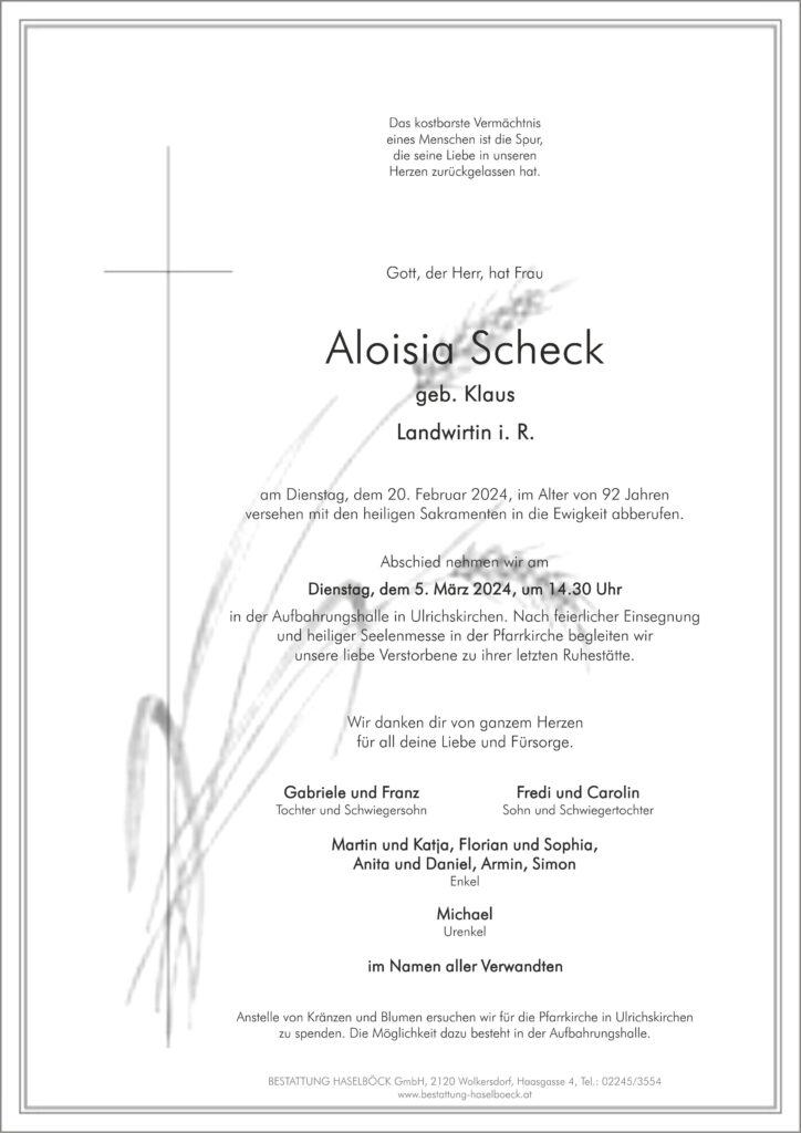 Scheck_Aloisia_Ulrichskirchen_Parte_Bestattung_Haselböck