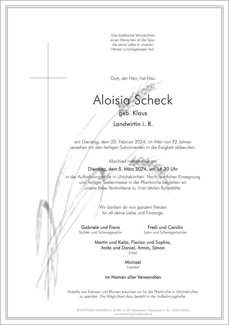 Scheck_Aloisia_Ulrichskirchen_Parte_Bestattung_Haselböck