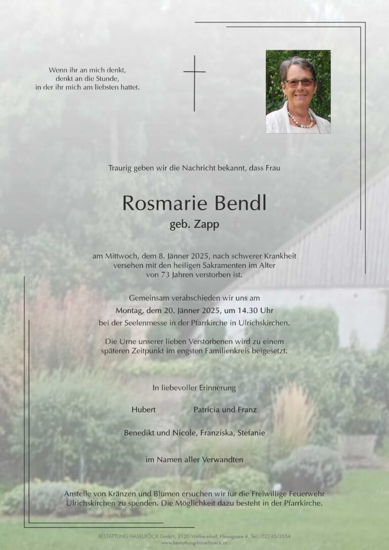Bendl_Rosmarie_Ulrichskirchen_Parte_Bestattung_Haselböck