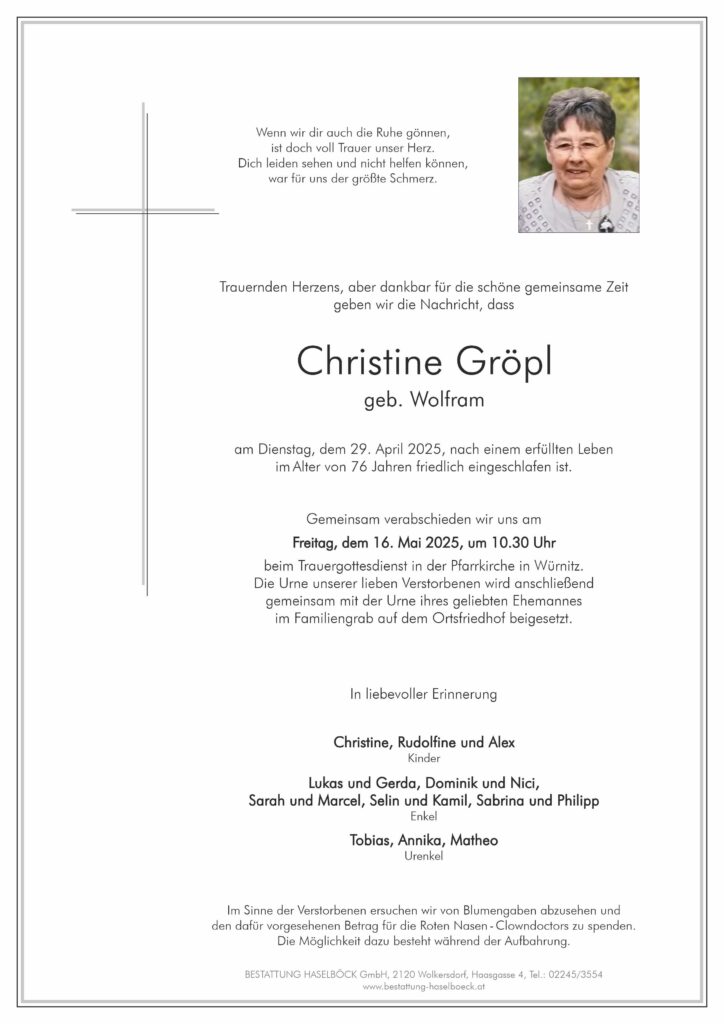 Gröpl_Christine_Lerchenau_Würnitz_Parte_Bestattung_Haselböck