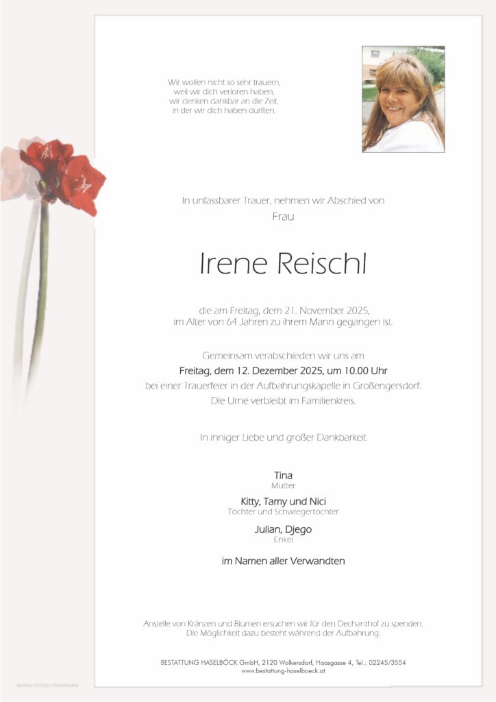 Reischl_Irene_Großengersdorf_Parte_Bestattung_Haselböck