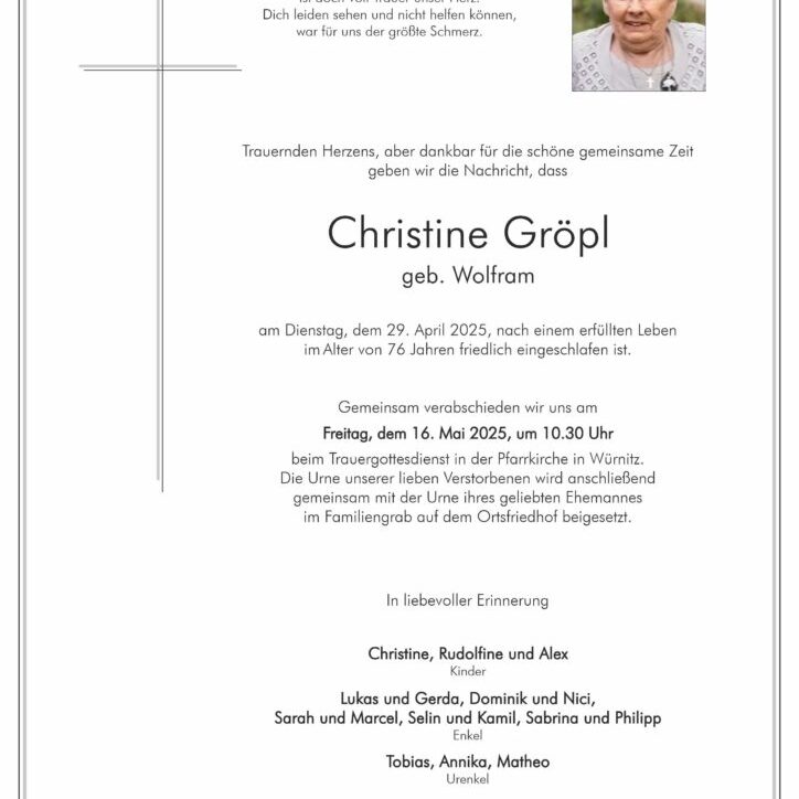 Gröpl_Christine_Lerchenau_Würnitz_Parte_Bestattung_Haselböck
